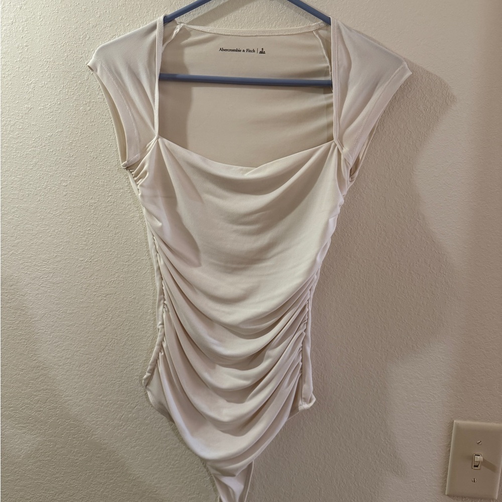 Abercrombie & Fitch white square neck bodysuit with semi sheer back.